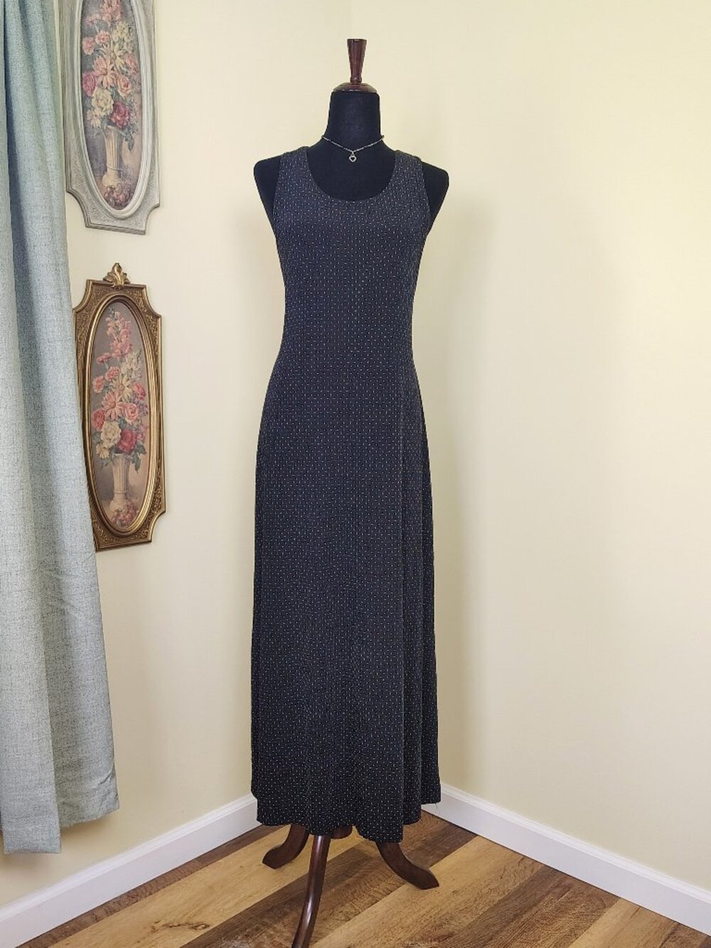 Vintage 90s Black & Light Brown Swiss Dot RONNI NICOLE By Ouida Maxi Dress - 12